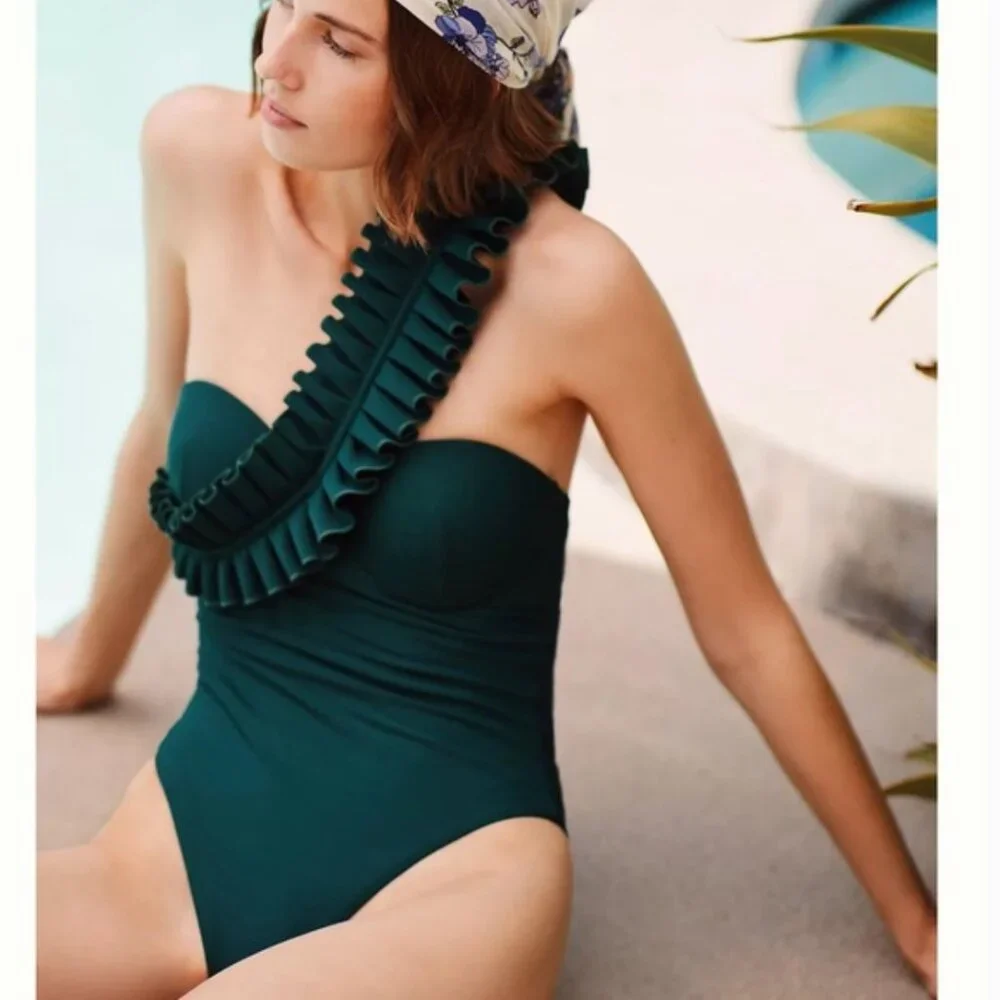 Andrea Iyamah Nisi Green Mangrove Shoulder Ruffle One Piece Swim Small - Picture 3 of 8